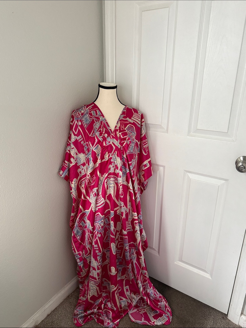 Vibrant Pink Printed Maxi Dress with V-Neck